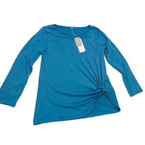 NIASHOT Women’s Long Sleeve Criss‎ Cross V Neck Twist Knot Tunic Top XL, Blue